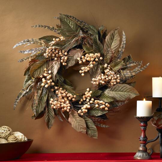 24" Green Feather & Berry Wreath